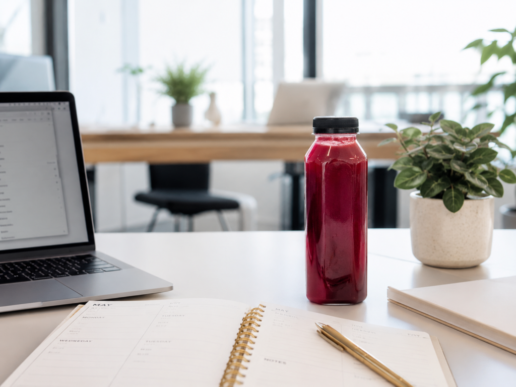 Bouteille de jus Zynatroze sur un bureau pour la concentration au travail