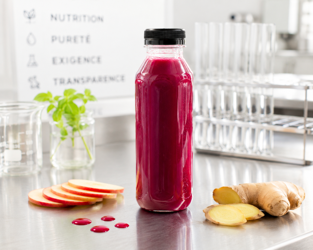 Bouteille de jus Zynatroze bio pressé à froid pour préserver les enzymes vivantes